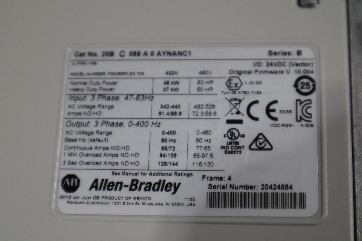 Used NEW ALLEN BRADLEY 20BC085A0AYNANC1 POWERFLEX DRIVE 700 400V 60HP SERIES B S-149A