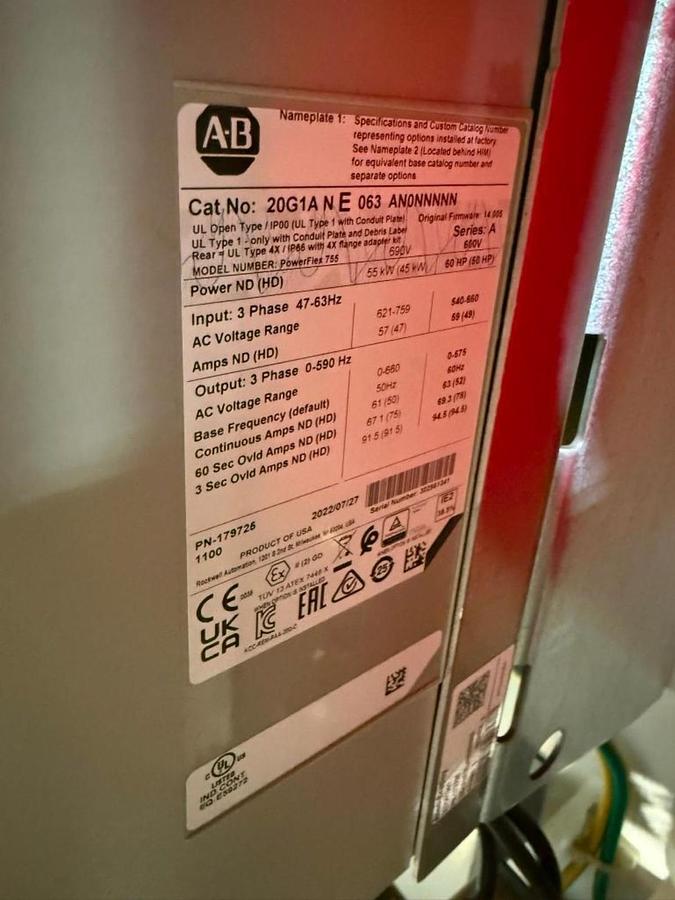 Used NEW ALLEN-BRADLEY MCC ENCLOSURE W/ 60HP POWERFLEX 755 DRIVE 20G1ANE063AN0NNNNN