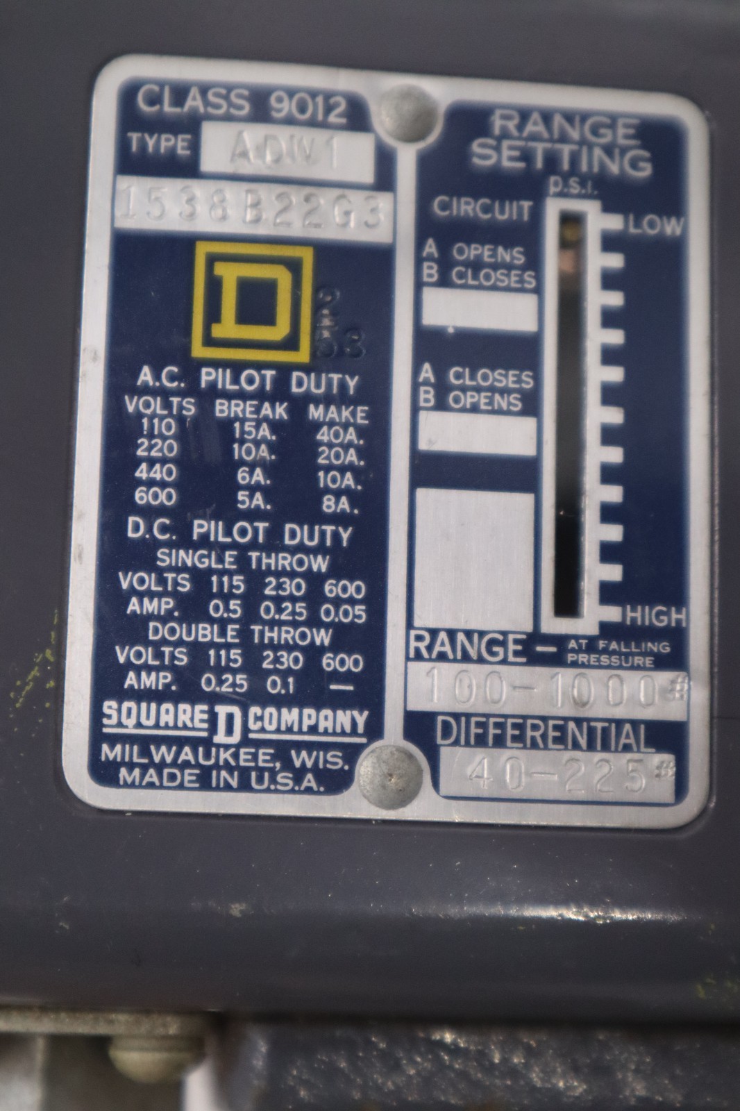 Used Square D 9012ADW1/ 9012 ADW-1 Piston Pressure Switch - STOCK GF715A