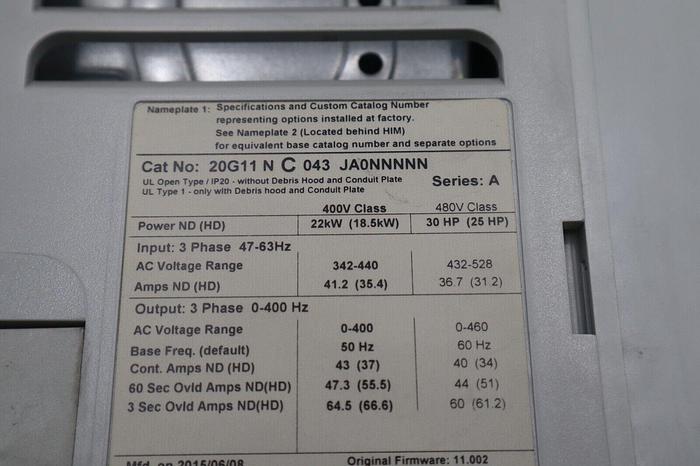 Used Refurbished Allen Bradley Powerflex753, 30HP, CAT: 20G11NC043JA0NNNNN STOCK 2445