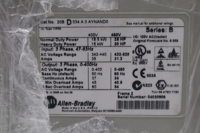 NEW ALLEN BRADLEY 20BD034A0AYNAND0 AC DRIVE POWERFLEX 700 480V 25 HP STOCK 5232