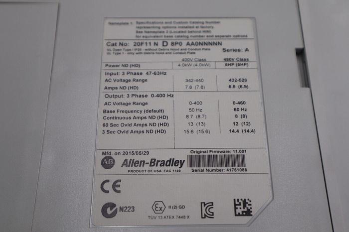 NEW 20F11ND8P0AA0NNNNN-A Allen Bradley 460V 5HP PowerFlex 753 WITH A6 HIM 1727