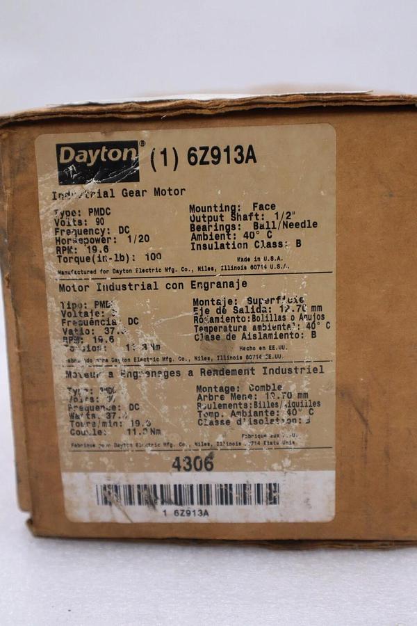 Used Dayton 90V DC Motor Model 6Z913A _1/20HP NEW IN BOX STOCK H430