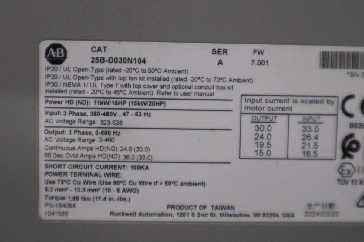 Allen-Bradley 25B-D030N104 PowerFlex 525 VFD 15kW 20Hp AC Drive 25BD030N104 NEW
