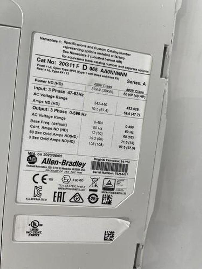 Used ALLEN BRADLEY POWERFLEX 755 20G11FD065AA0NNNNN SER. A F/W 14.004  STOCK 3166
