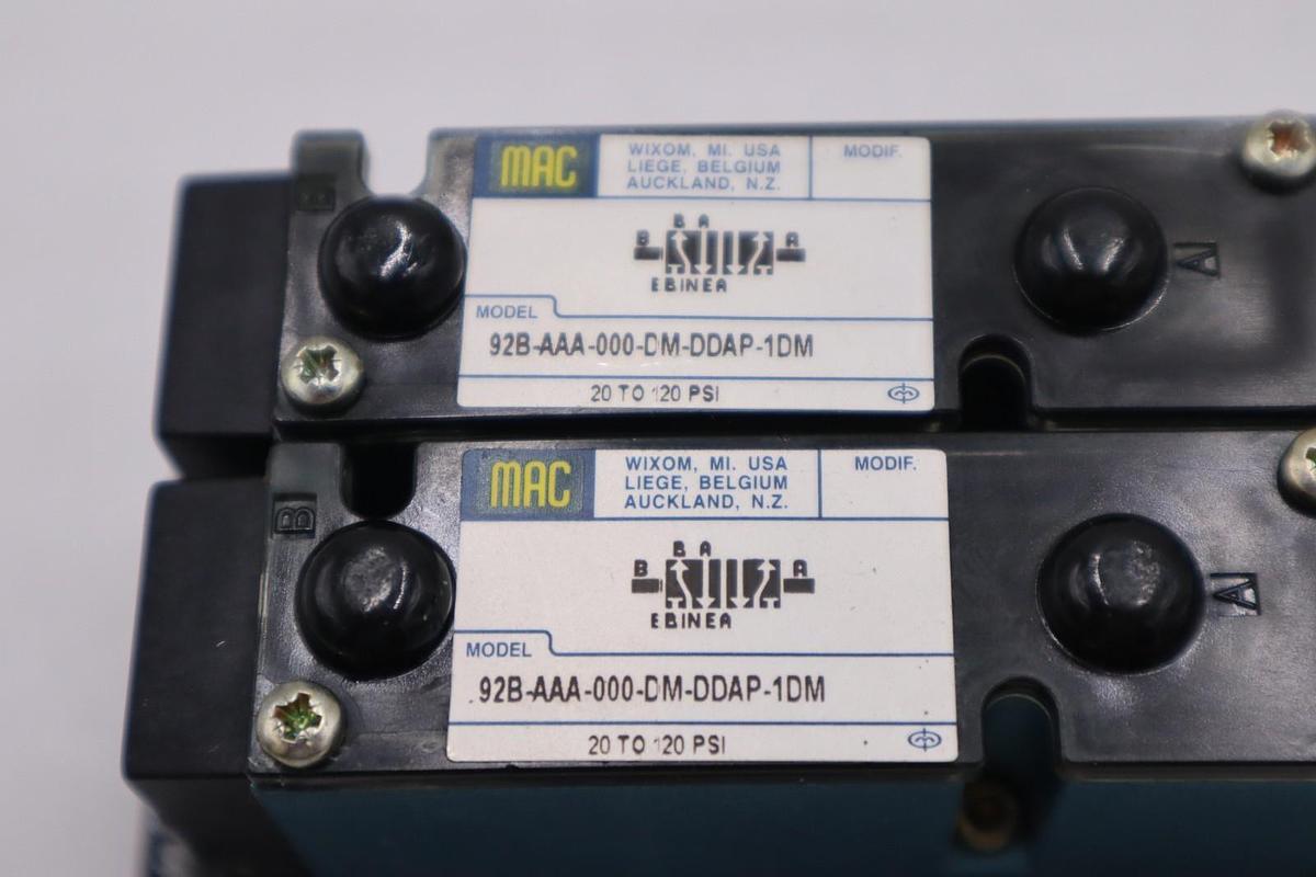 Used MAC VALVES (2) 92B-AAA-000-DM-DDAP-1DM W/ 92B-000-CJA MANIFOLD BASE STOCK H1302