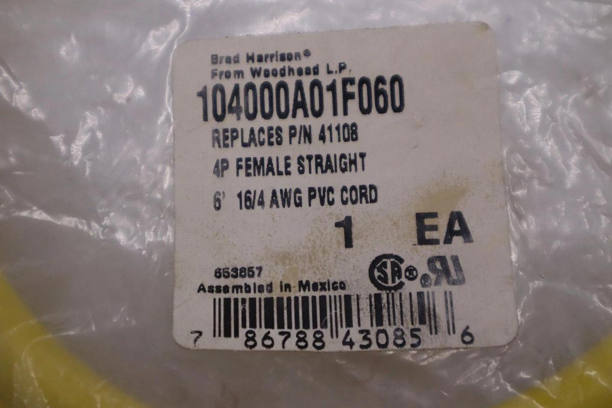 Used NEW BRAD HARRISON 104000A01F060 CORDSET 4 PIN 600V FEMALE STOCK H835