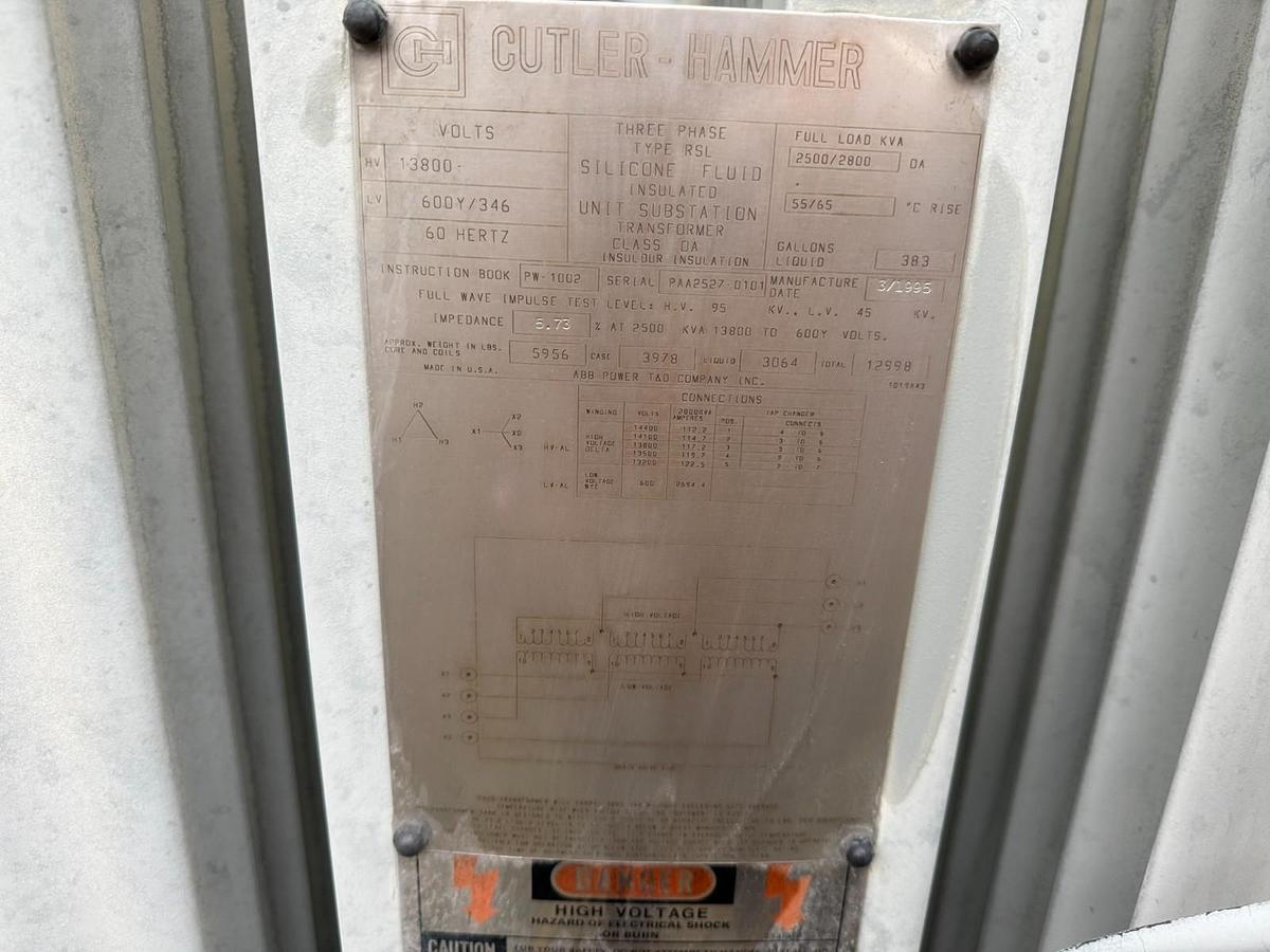 Used CUTLER HAMMER 2500 kVA HV 13.8kV–600Y/346V Substation Transformer W/ Switchgear
