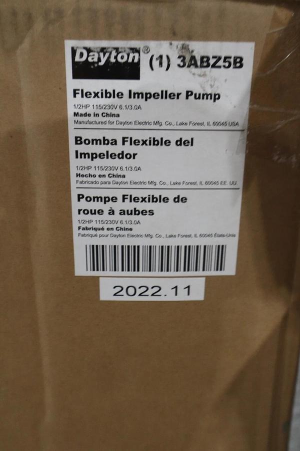 Used Dayton Flexible Impeller Pump 3ABZ5B 115/230V 1/2HP1740 rpm 11.2/5.6 Amps 3/4NPT