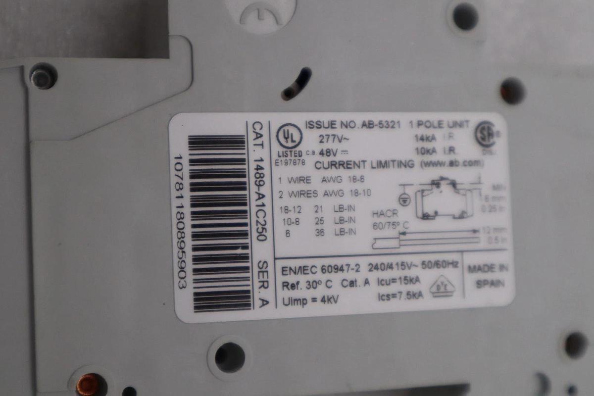 Used AB Allen-Bradley 1489-A1C250 Current Limiting Circuit Breaker STK H1096A