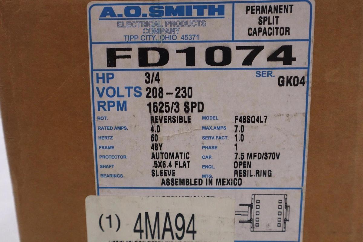 FD1074 AO Smith 3/4Hp 208-230V 1625Rpm 48Y Mtr OEM FD1074 STOCK 4202