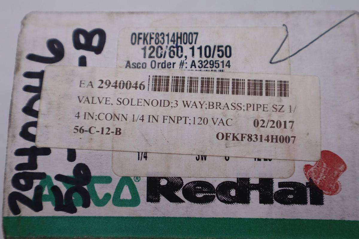 Used ASCO OFKF8314H007 SOLENOID VALVE 3-WAY 1/4 IN 120 VAC STOCK #K-2281