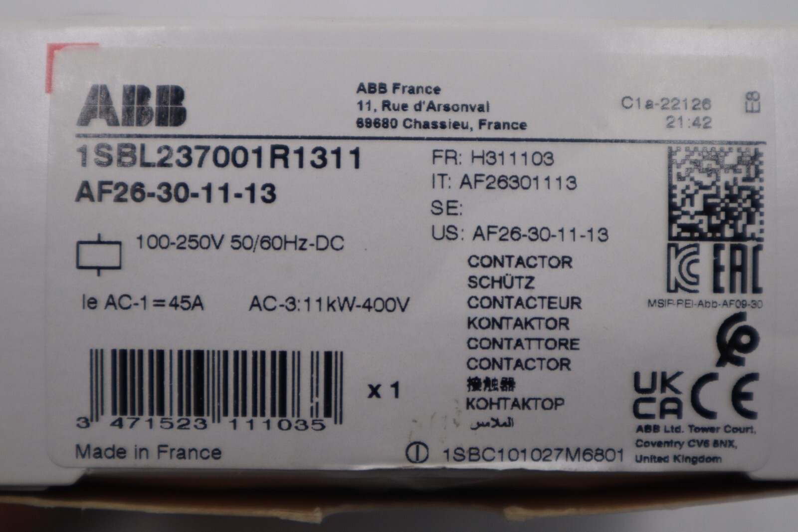 Used NEW ASEA BROWN BOVERI AF26-30-11-13 CONTACTOR 3-P STOCK K-85C