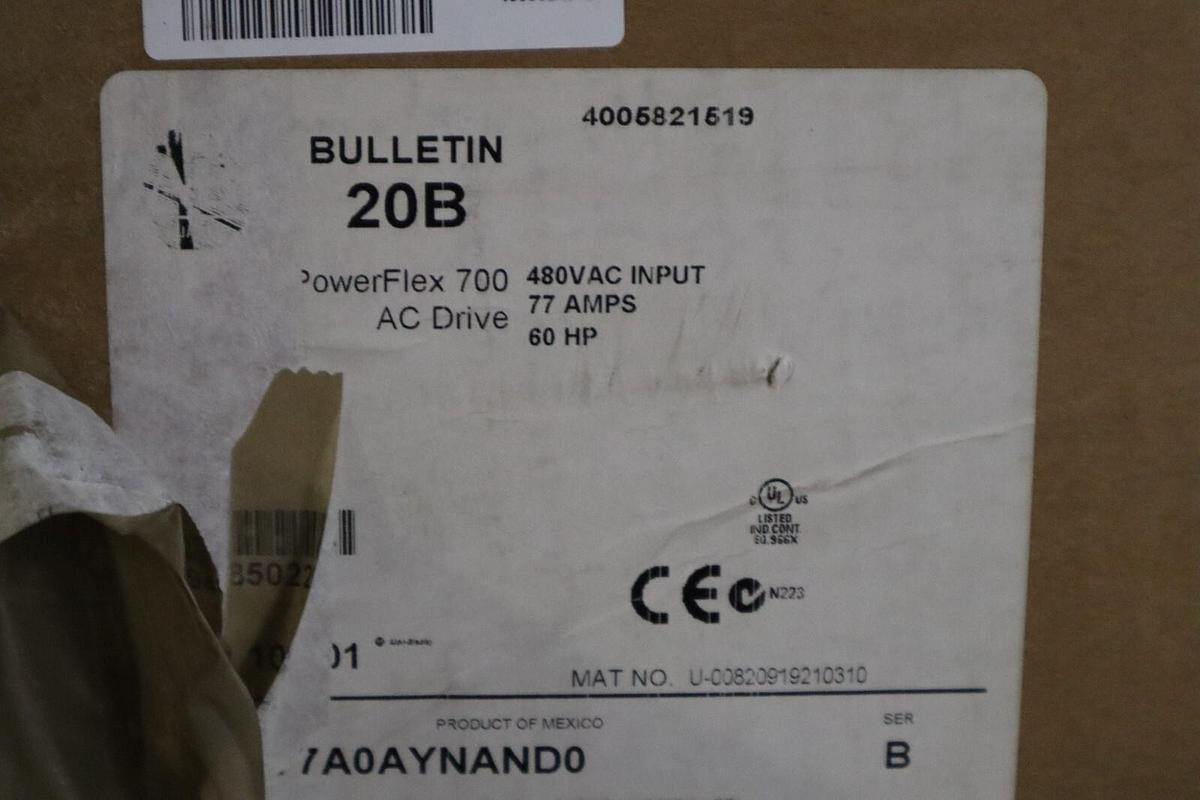 Used ALLEN BRADLEY 20BD077A0AYNAND0 POWERFLEX 700 DRIVE VFD 60 HP NEW UNIT STOCK S193