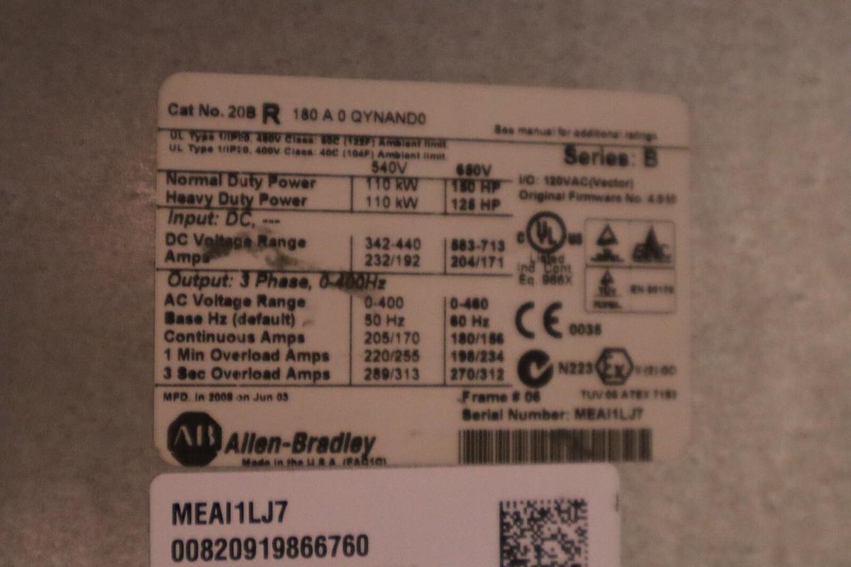 Used Allen Bradley 20BR180A0QYNAND0 SERIES B POWERFLEX 700 DRIVE VFD 150 HP S-155