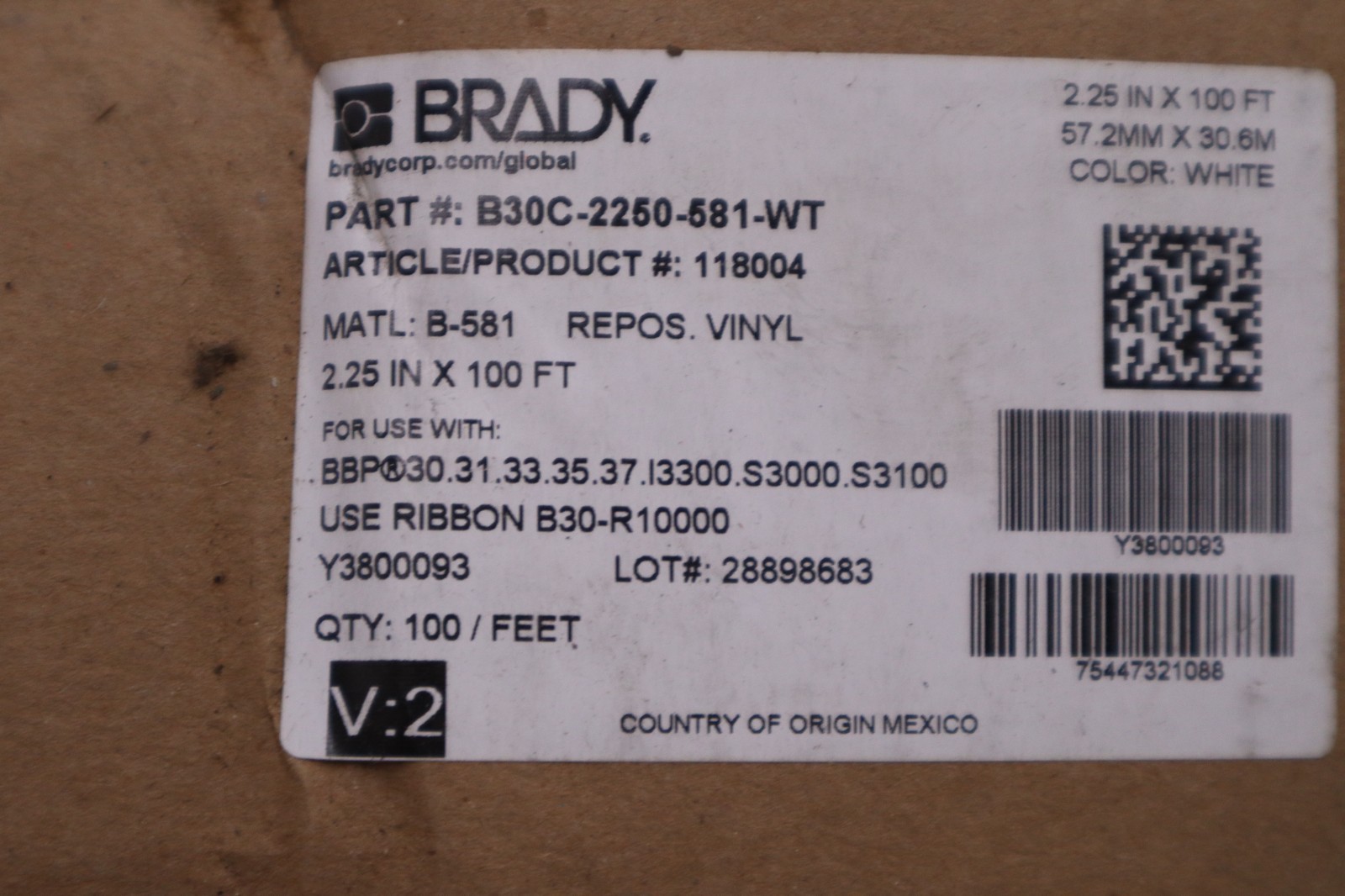 Used Brady B30C-2250-581-WT Thermal Label 2.25 x 100’ Label Printer STK GF1171