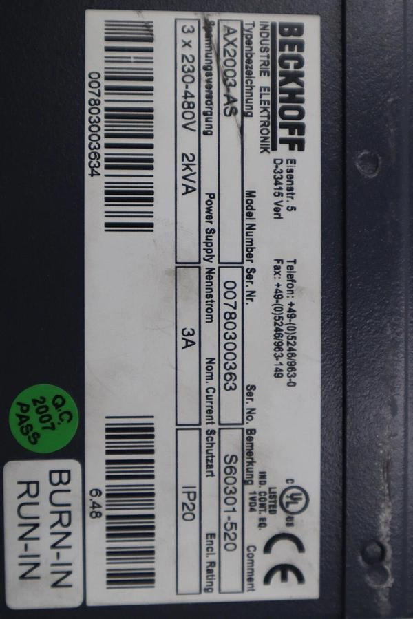 Used Beckhoff AX2003-AS S60301-520 Digital Compact Servo Drive Amplifier STK 3440-D