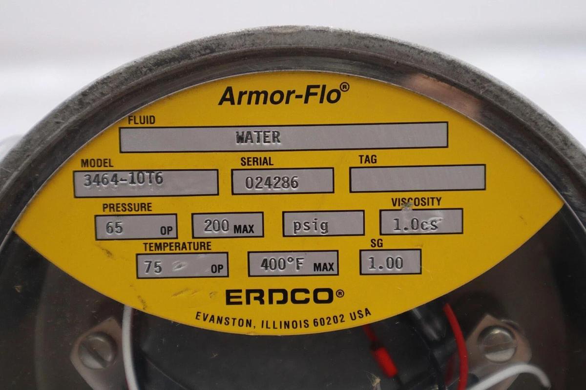 Used Erdco Armor-Flo Model 3464-10T6 Flow Meter Water 200PSIG 0 to 20 GPM x10 #2565