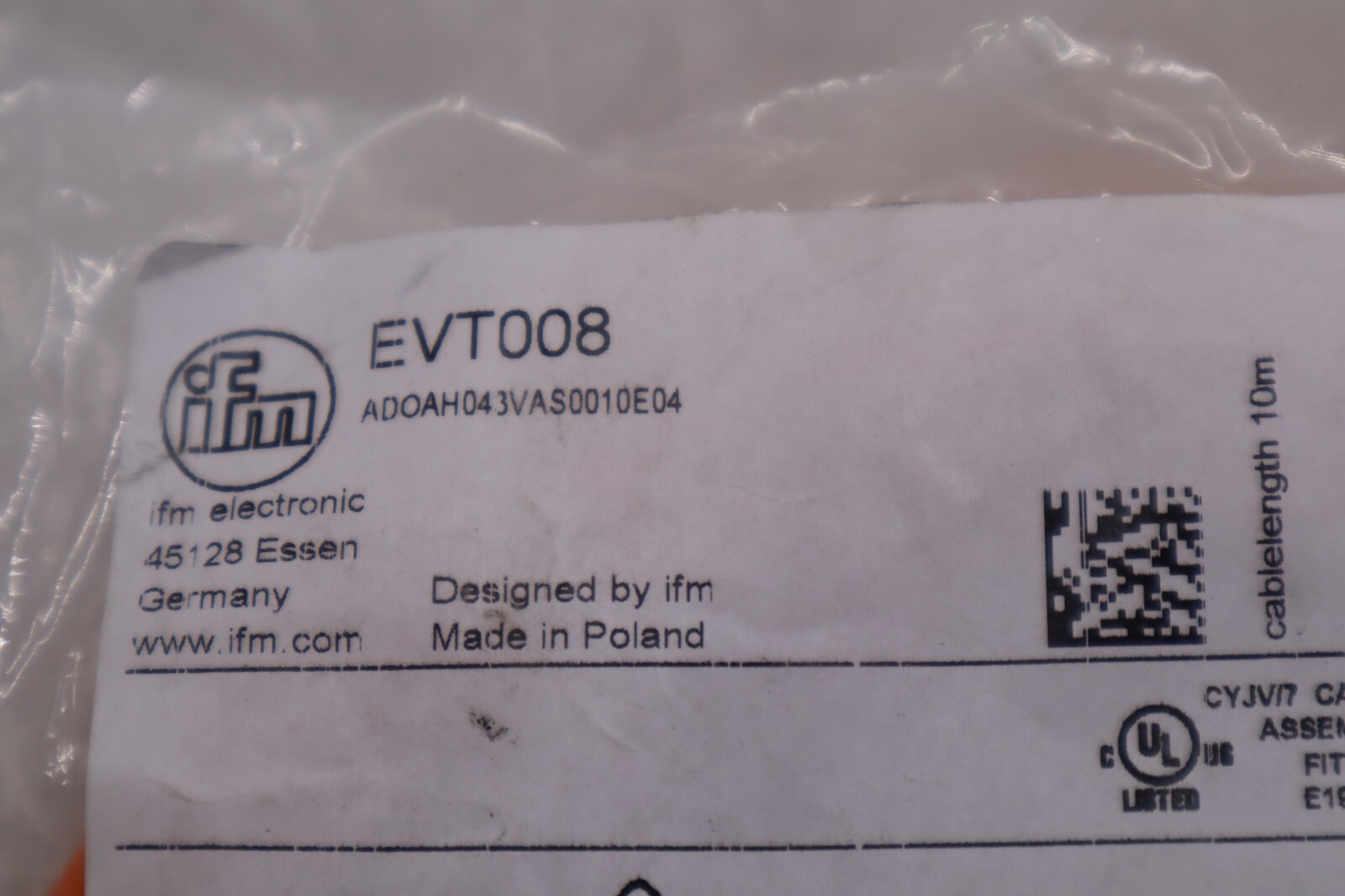 IFM EVT008 CONNECTING CABLE W/ ANGLED SOCKET 4 AMP STOCK 4899