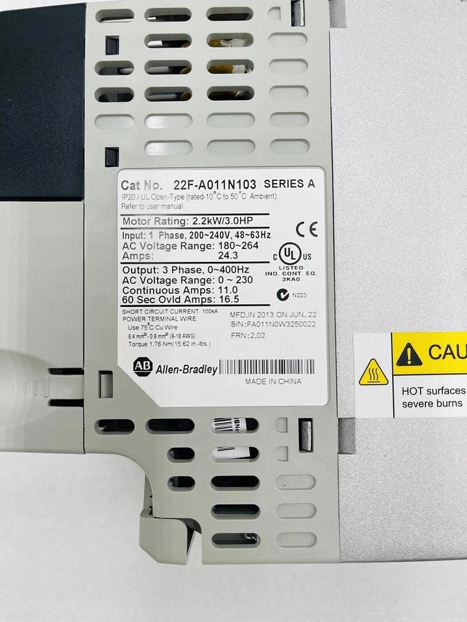 Used Allen Bradley 22F-A011N103 Inverter 1Phase 200-240VAC 2.2KW/3.0HP STOCK 2263