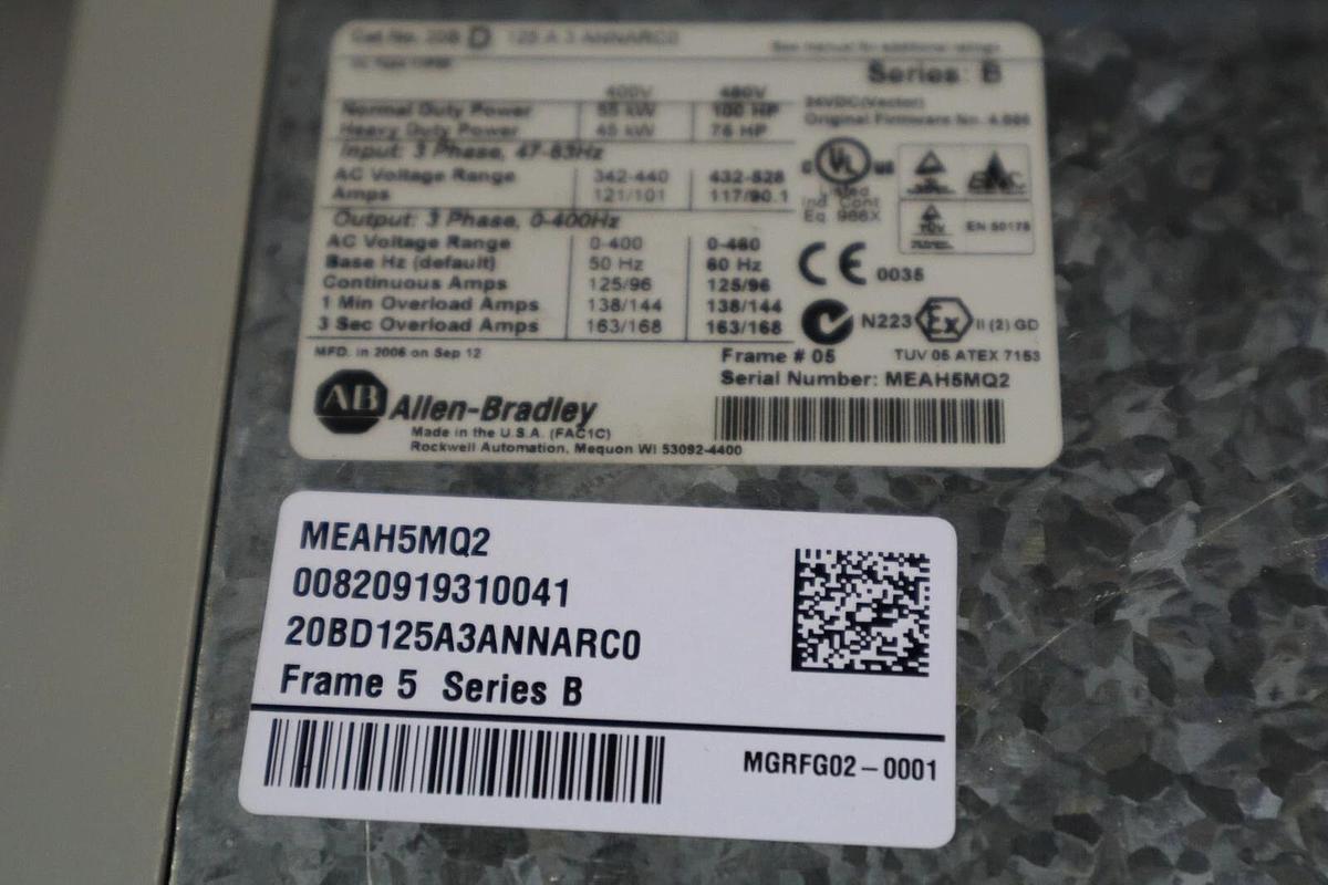 Used ALLEN BRADLEY 20BD125A3ANNARC0 100 HP POWERFLEX 700 DRIVE VFD STOCK 5348