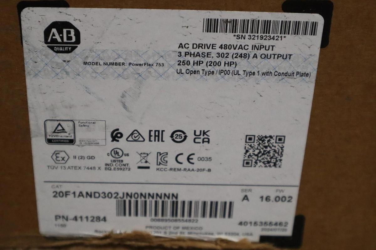 Used NEW Allen Bradley 20F1AND302JN0NNNNN PowerFlex 753 AC Drive A 480V 250HP #S687