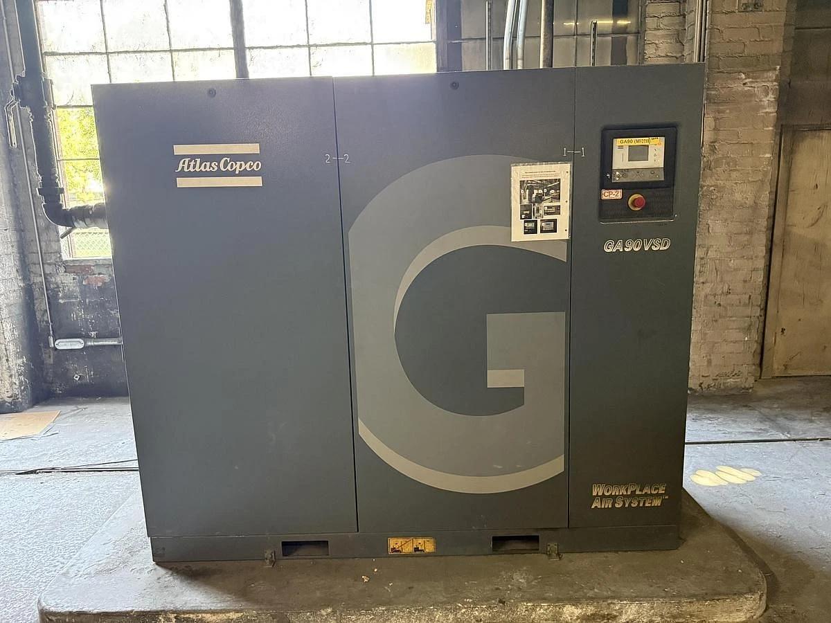 Used 125 HP ATLAS COPCO AIR COMPRESSOR MODEL GA90VSD MANUFACTURED 2019
