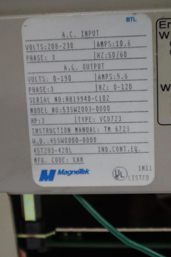 Used MAGNETEK 53SW2003-0000 VCD 723 3 PHASE AC DRIVE/45SW0000-0000 3HP STOCK 1397-C