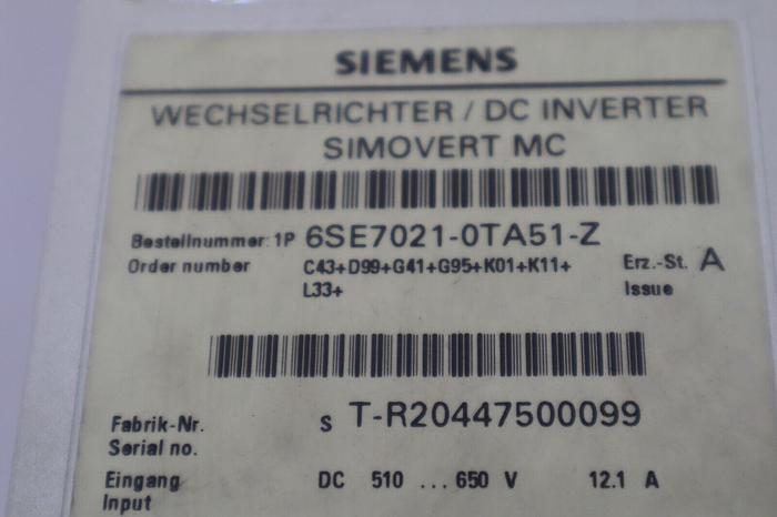 Used SIEMENS 6SE7021-0TA51-Z AC DRIVE SIMOVERT MASTERDRIVE VECTOR CONTROL STOCK 4748