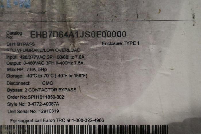 Eaton EHB7D64A1JS0E0000 VFD DRIVE BYPASS 7.6A, 5HP 480V NEMA 1 STOCK S-300