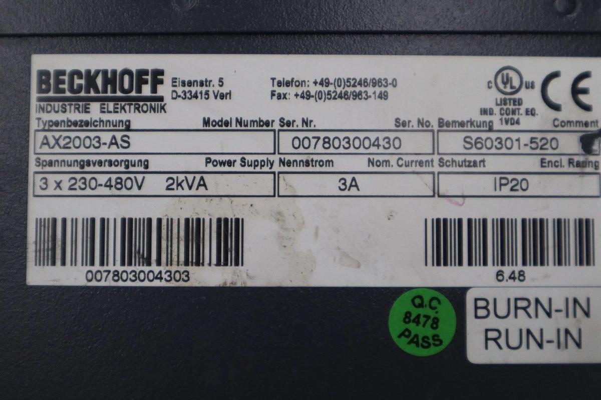 Used Beckhoff AX2003-AS S60301-520 Digital Compact Servo Drive Amplifier STK 3442-D