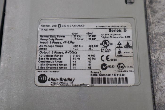 Used Allen-Bradley 20BD040A0AYNANC0 SER B 30 HP PowerFlex 700 AC Drive STOCK 2399