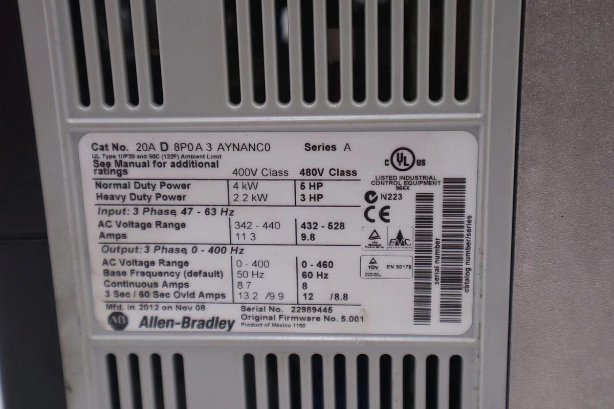 Used 20AD8P0A3AYNANC0 ALLEN BRADLEY POWERFLEX 70 5HP AC DRIVE 480 VOLT STOCK 3301