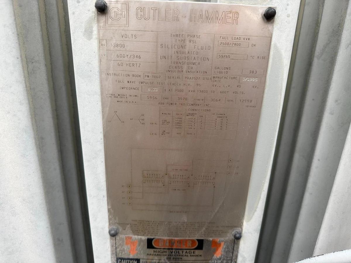 Used CUTLER HAMMER 2500 kVA HV 13.8kV–600Y/346V Substation Transformer W/ Switchgear