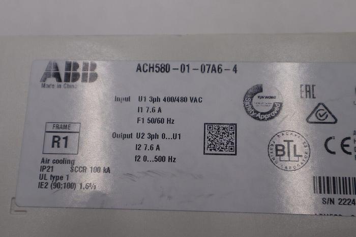 ABB ACH580-01-07A6-4 Drive INPUT 3PH 400/480VAC 50/60HZ 7.6AMP 5HP STOCK 2058-A