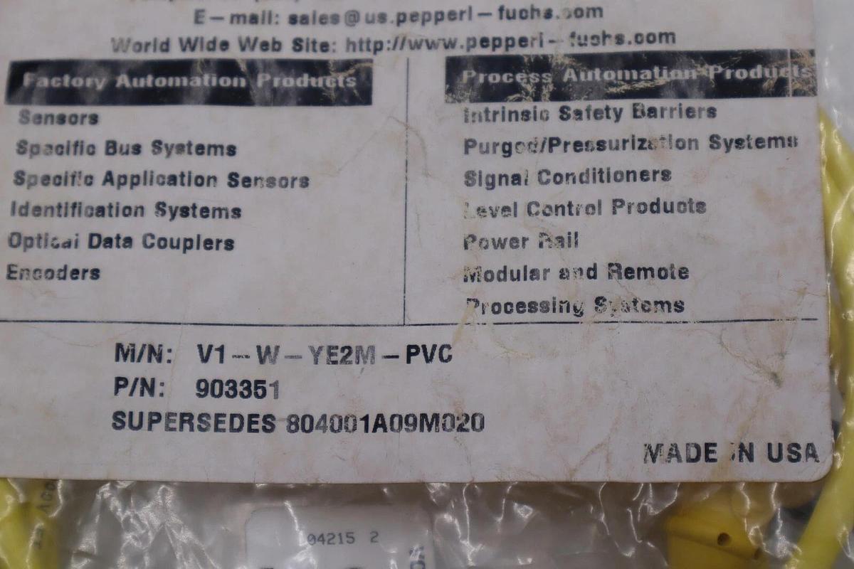 Used Pepperl & Fuchs V1-W-YE2M-PVC 4-Pin 90 Degree Female Cordset STOCK K-3908