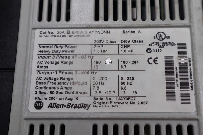 NEW ALLEN BRADLEY 20AB6P8A3AYYNDNN POWERFLEX DRIVE 2 HP 208/240V STOCK 2199