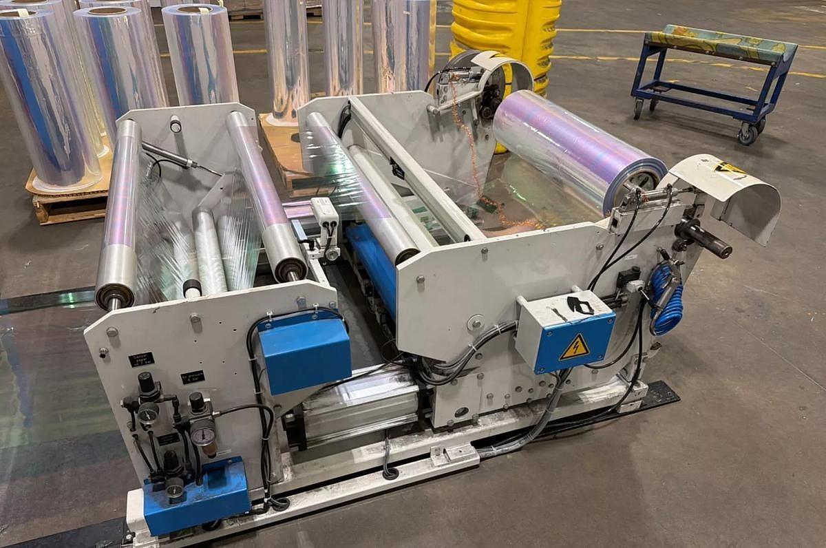 Used 40" (1000MM) MOLLER RW 1000 PLASTIC / GIFT WRAP COUNTER ROLL REWINDER LINE