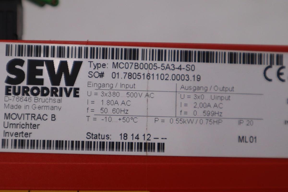 Used SEW Eurodrive MC07B0005-5A3-4-S0 MOVITRAC B STOCK H-801C
