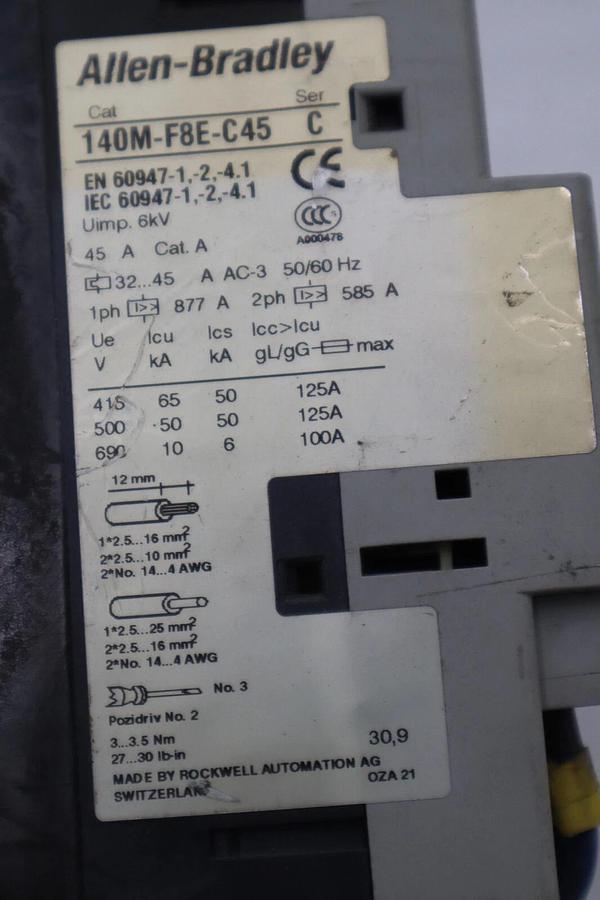 Used ALLEN BRADLEY 140M-F8E-C45/100-C37*00 MOTOR CIRCUIT BREAKER STOCK 3988-A
