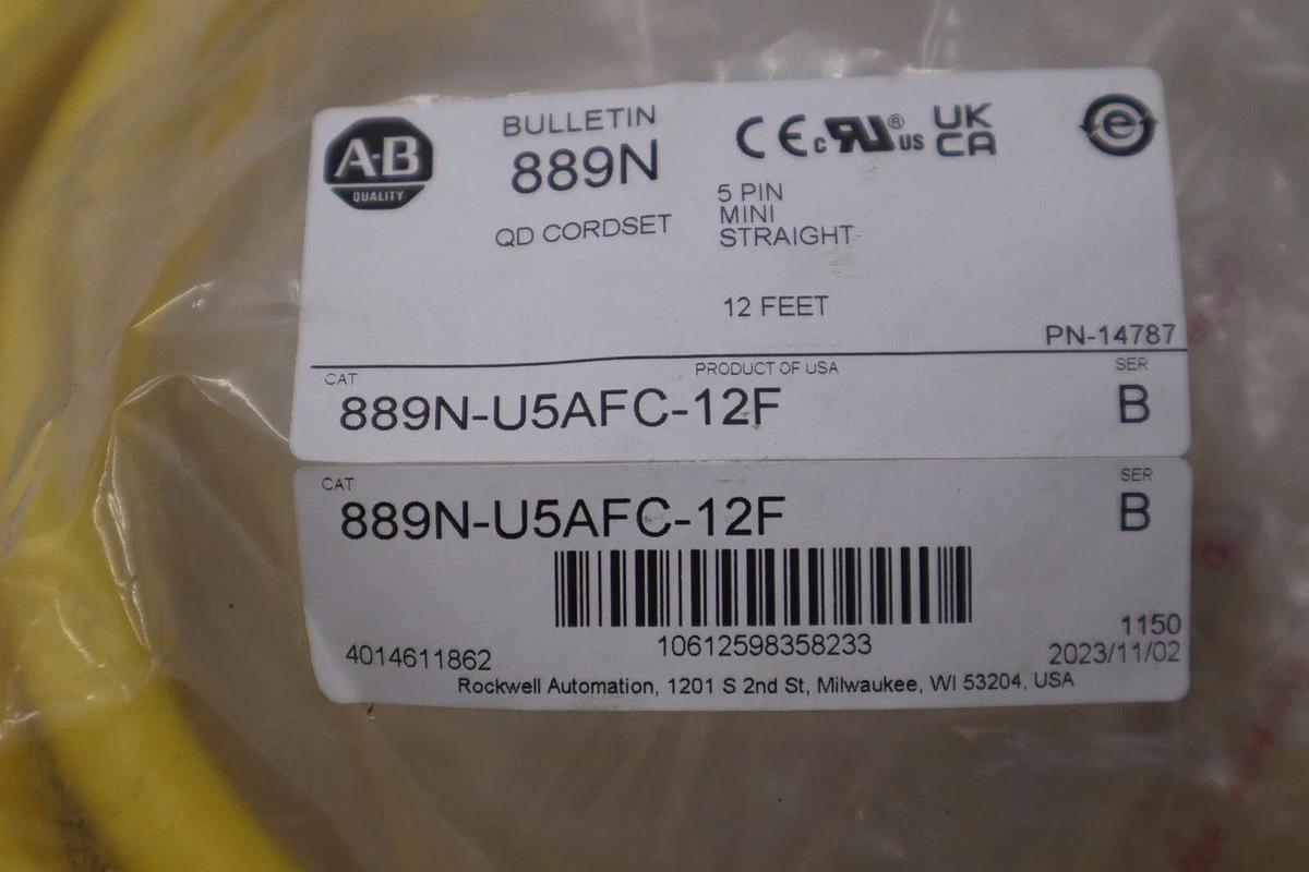 Used NEW AB Allen Bradley 889N-U5AFC-12F 5 Pin Mini Straight 12ft. QD STK GF274