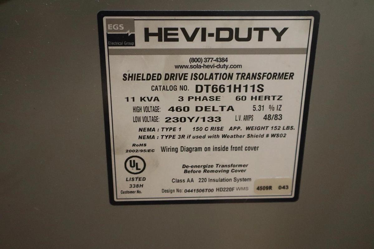 Used EGS Sola DT661H11S Shielded Drive Isolation Transformer 11 KVA 3 PH 60 Hz