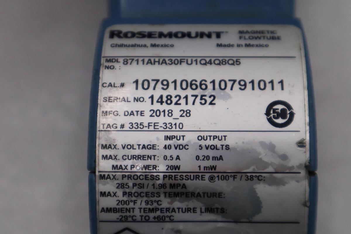 Used ROSEMOUNT 8711AHA30FU1Q4Q8Q5/ SERIAL 14821752 MAGNETIC FLOWTUBE STOCK 2583