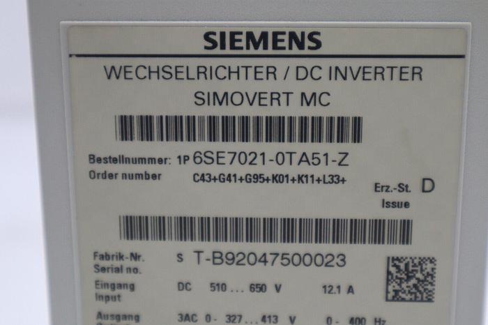 SIEMENS 6SE7021-0TA51-Z AC DRIVE SIMOVERT MASTERDRIVE VECTOR CONTROL STOCK 4773