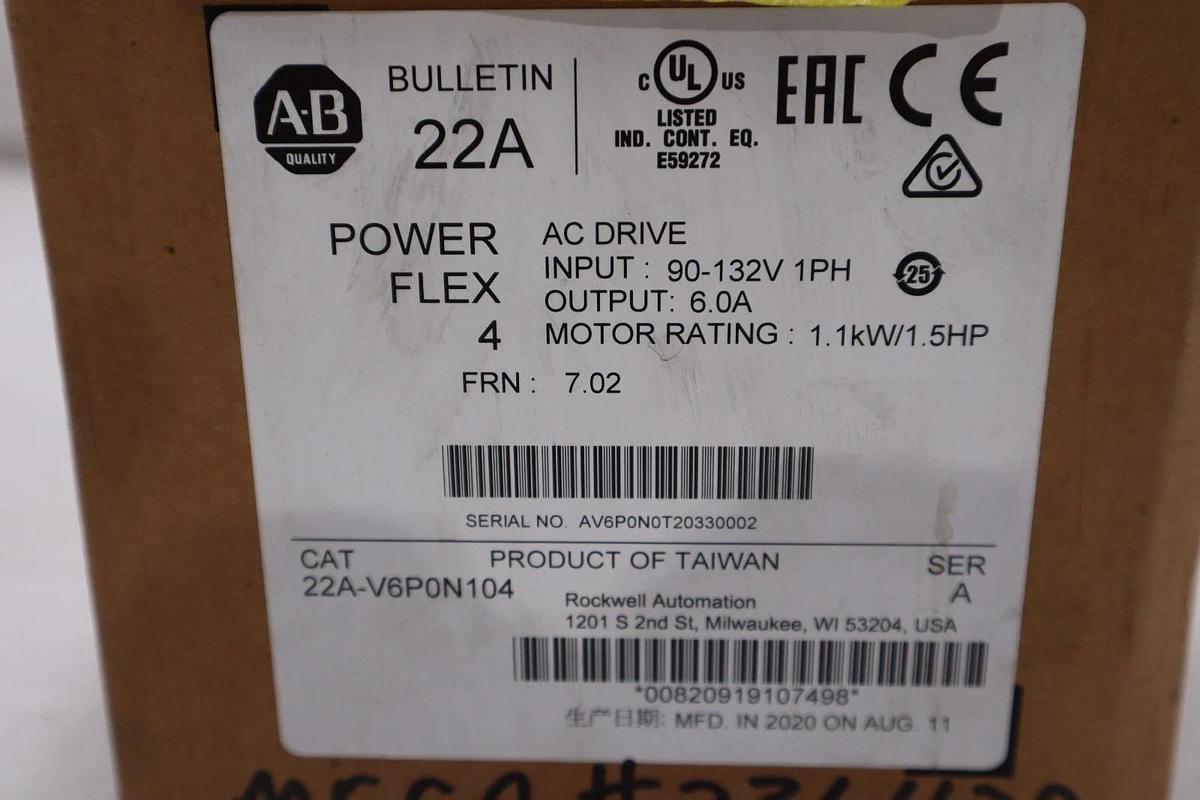 Used Allen-Bradley 22A-V6P0N104 120 VAC 1 PHASE 6 AMP 1.1 KW / 1.5 HP - STOCK GF-83