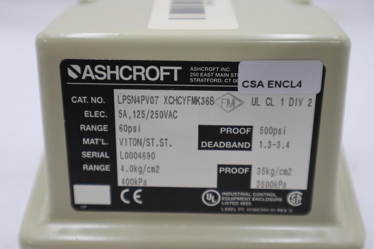 Used ASHCROFT LPSN4PV07 XCHCYFMK36B Pressure Switch 15psi 5A STOCK H1149