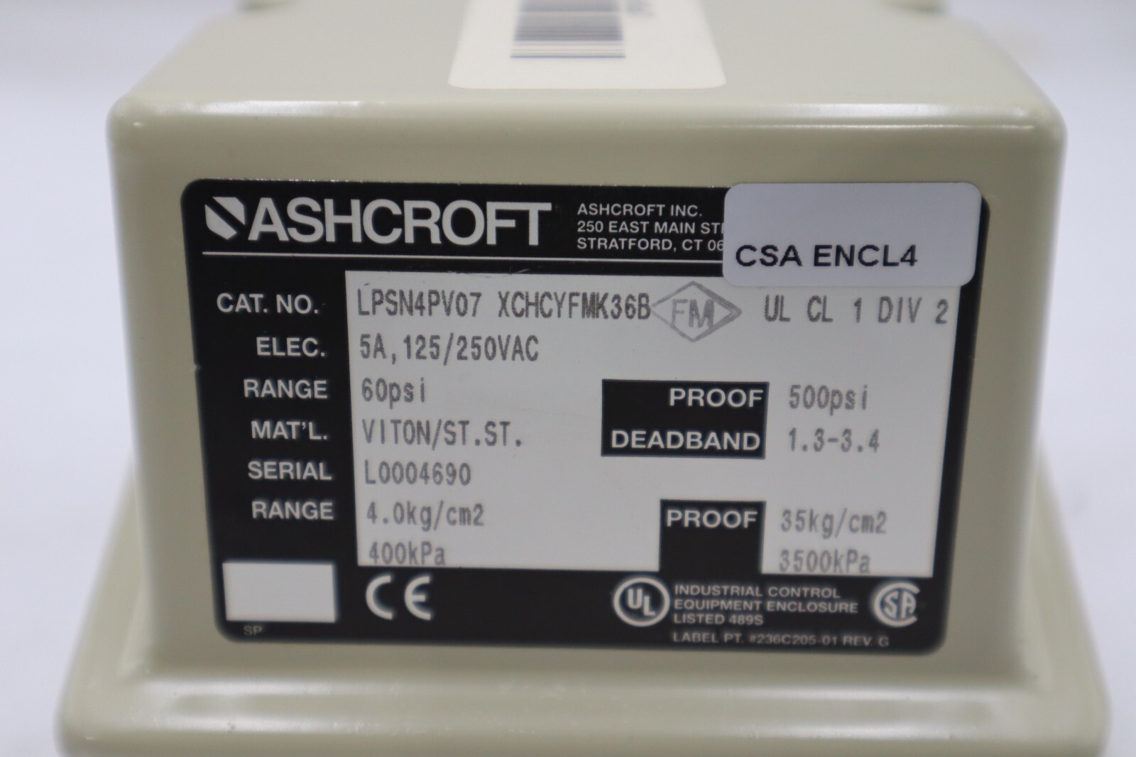 Used ASHCROFT LPSN4PV07 XCHCYFMK36B Pressure Switch 15psi 5A STOCK H1149