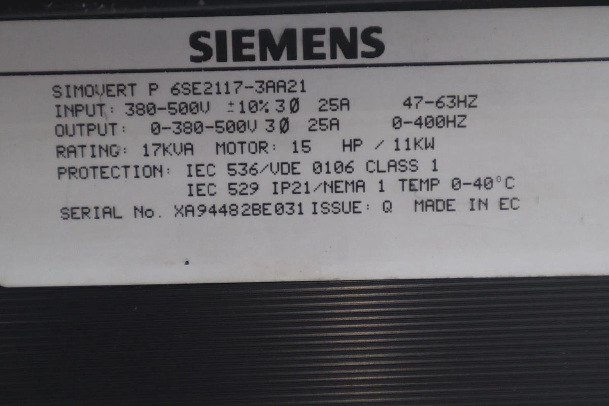SIEMENS 6SE2117-3AA21 / 6SE21173AA21 (NEW) DRIVE AC 15HP 25AMP 300/500V #999-C