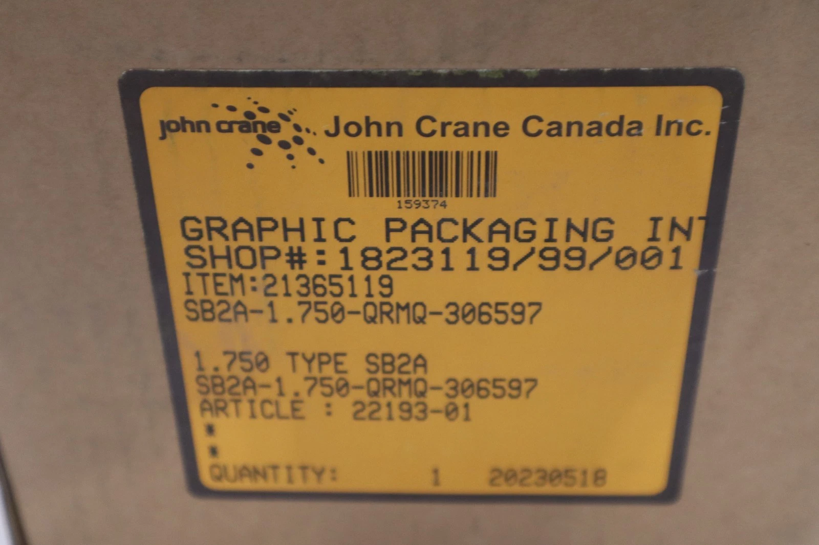 Used JOHN CRANE SB2A-1.750-QRMQ-306597 NSMP - NEW IN BOX - STOCK GF905