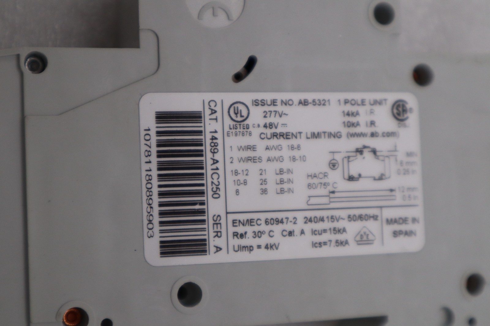 Used AB Allen-Bradley 1489-A1C250 Current Limiting Circuit Breaker STK H1096A